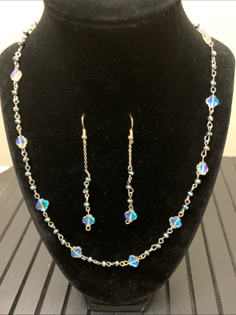 Elegant unique delicate Aurora Borealis Crystal Necklace and Earrings Set